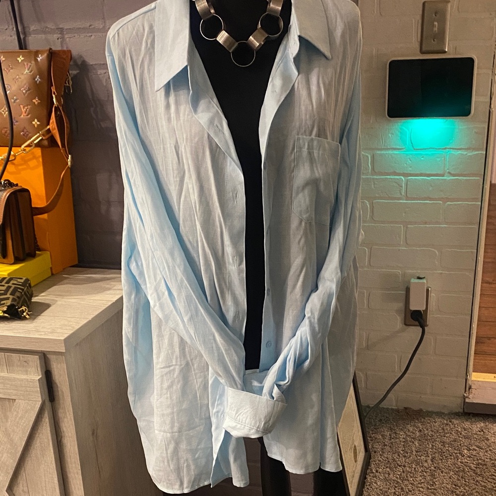 Fashion Nova Light Blue Linen Button Down Shirt